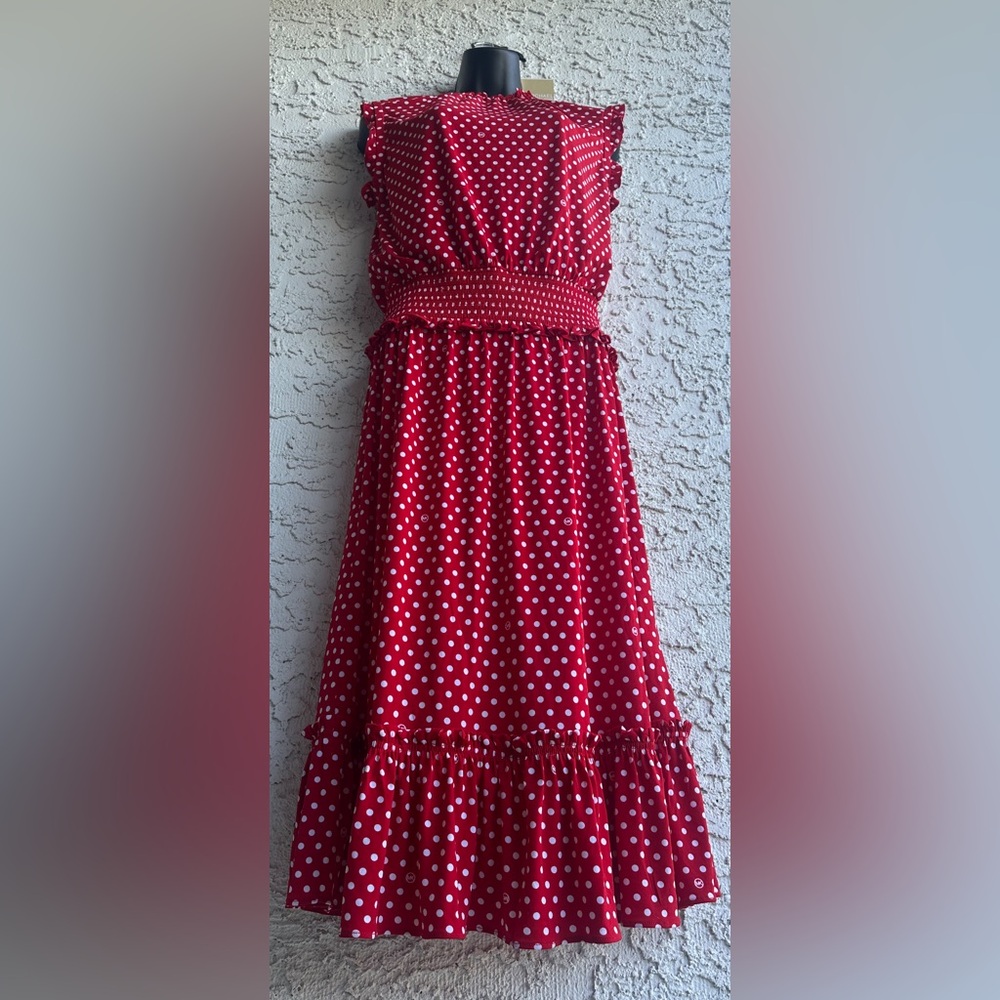 Michael Kors red & white polka dot smocked waist midi dress-Medium-new with tag